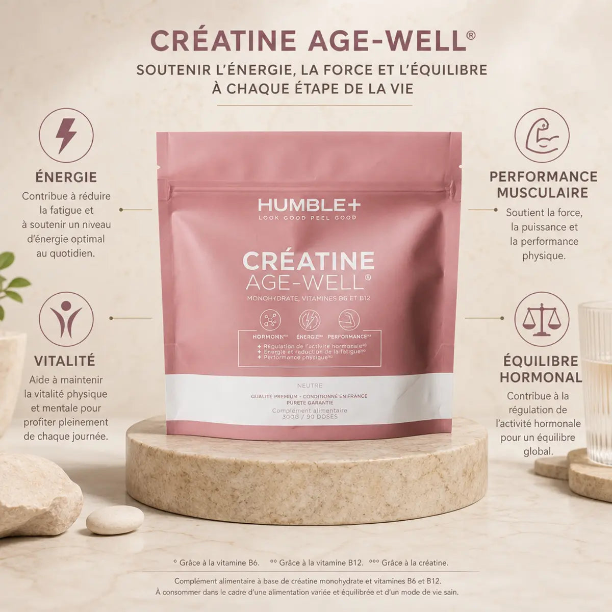 Créatine Glow AGE-WELL 300g Humble+ avec bénéfices énergie, performance musculaire, vitalité et équilibre hormonal