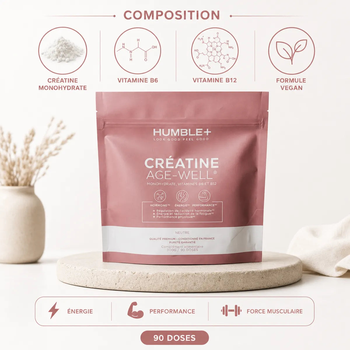 Créatine Glow AGE-WELL 300g Humble+ avec composition: Créatine Monohydrate, Vitamines B6 B12, formule vegan