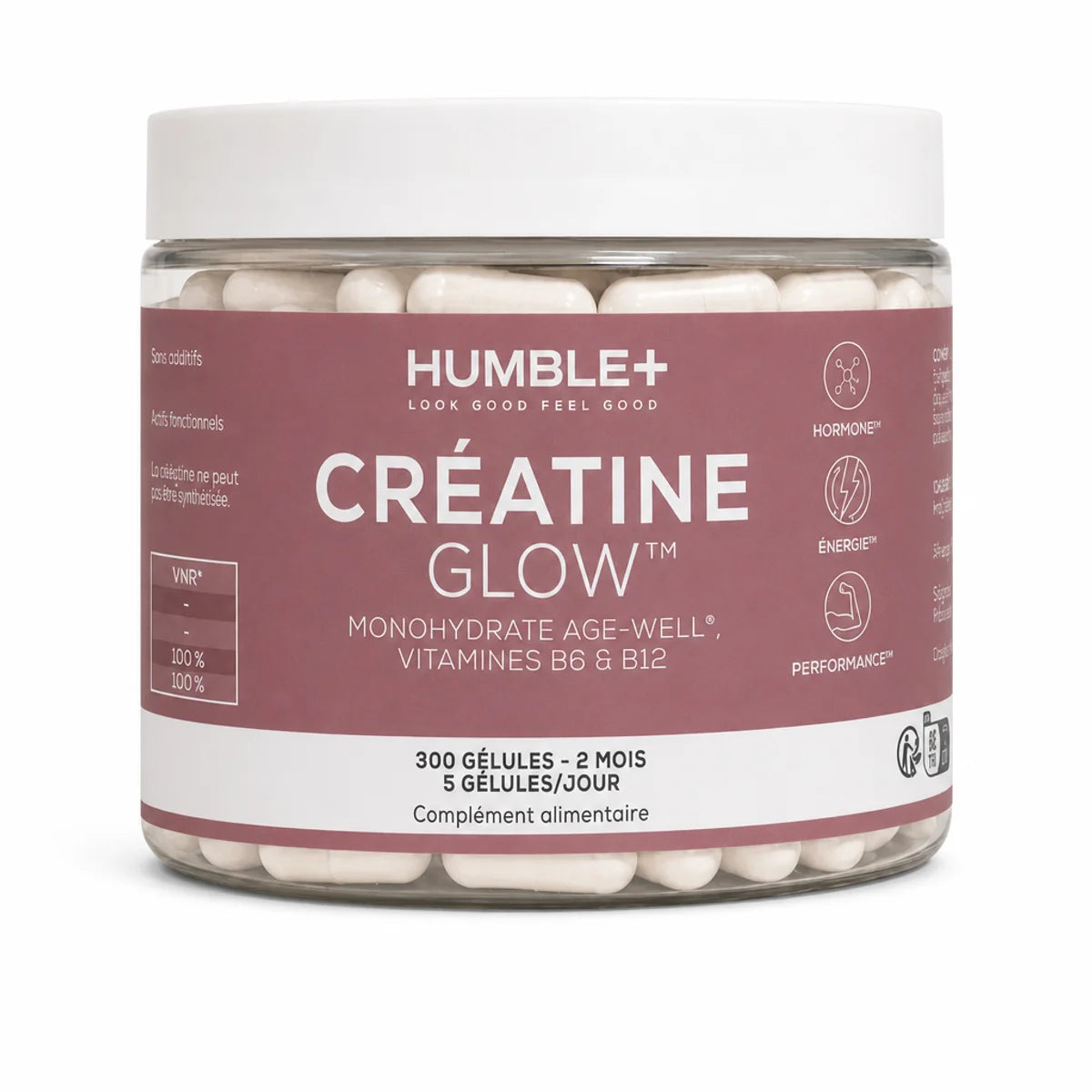 Humble+ Créatine Glow 300 gélules - Flacon supplément avec capsules blanches