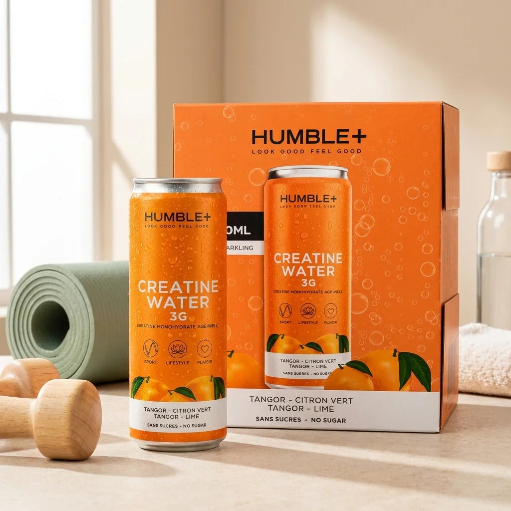 Créatine Water Humble+ 330ml saveur tangor-lime avec accessoires fitness sur fond beige