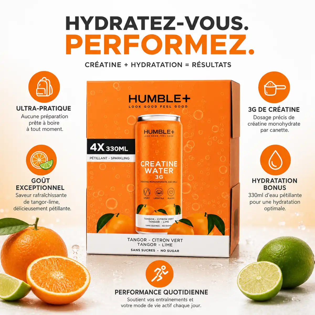Pack Créatine Water Humble+ 4x330ml avec 5 bénéfices clés: ultra-pratique, goût tangor-lime, 3g créatine, hydratation, performance