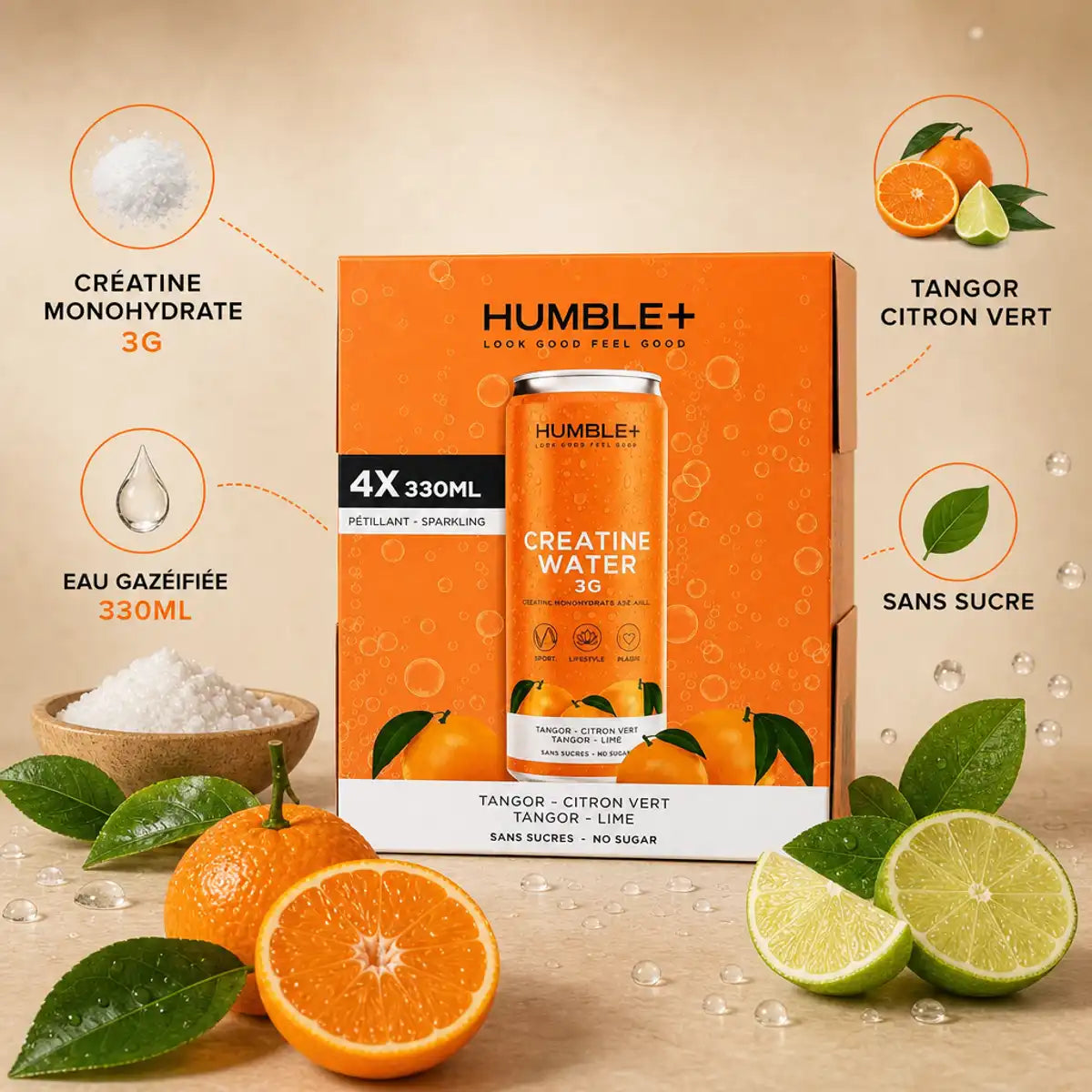 Créatine Water Humble+ 4x330ml pack tangor-citron vert, sans sucre, eau gazéifiée