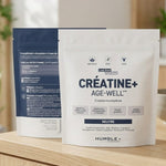 Le produit créatine + de chez humble + sur une table en bois.