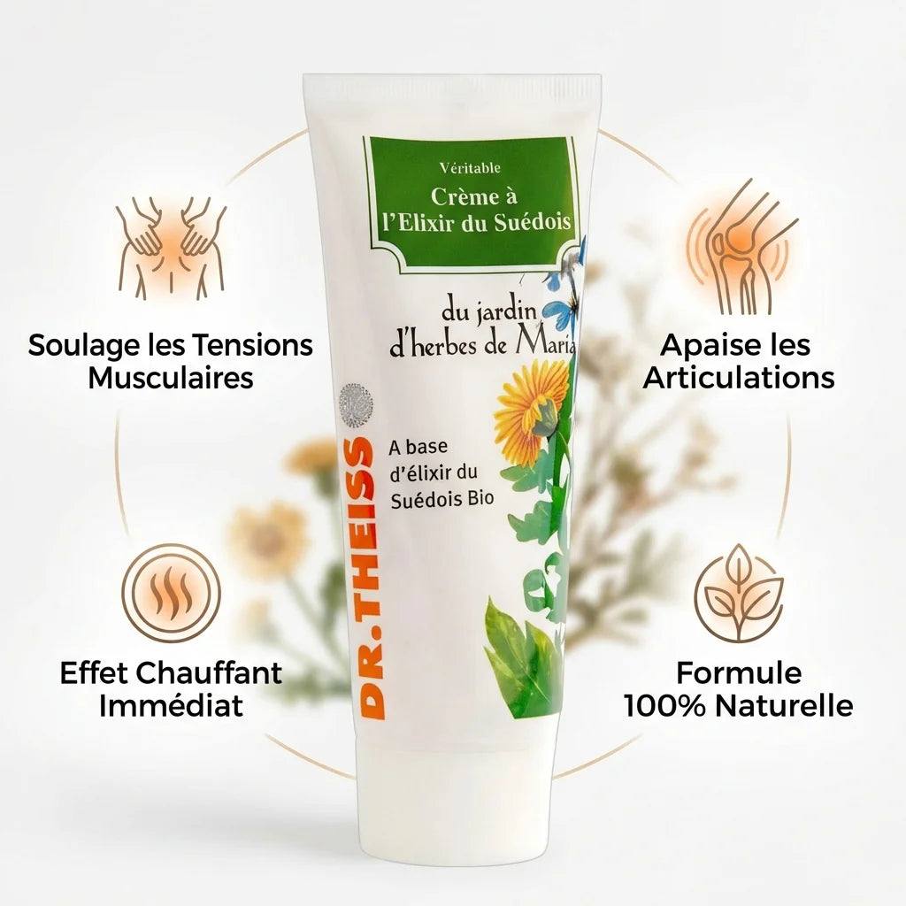 Crème Élixir du Suédois Dr. Theiss 100ml avec bénéfices : tensions musculaires, articulations, effet chauffant naturel
