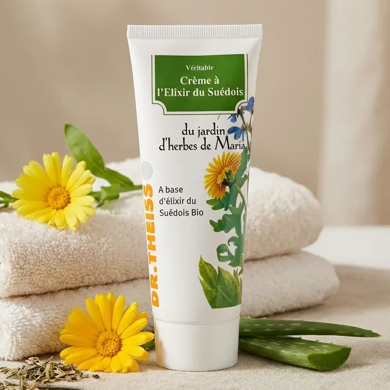 Crème à l'Élixir du Suédois Dr. Theiss 100 ml dans un cadre spa luxe avec herbes naturelles
