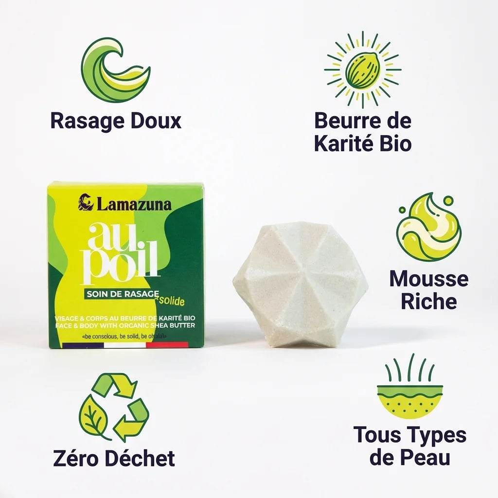 Crème à raser solide Lamazuna Au Poil avec infographie des bénéfits : rasage doux, zéro déchet, beurre de karité bio