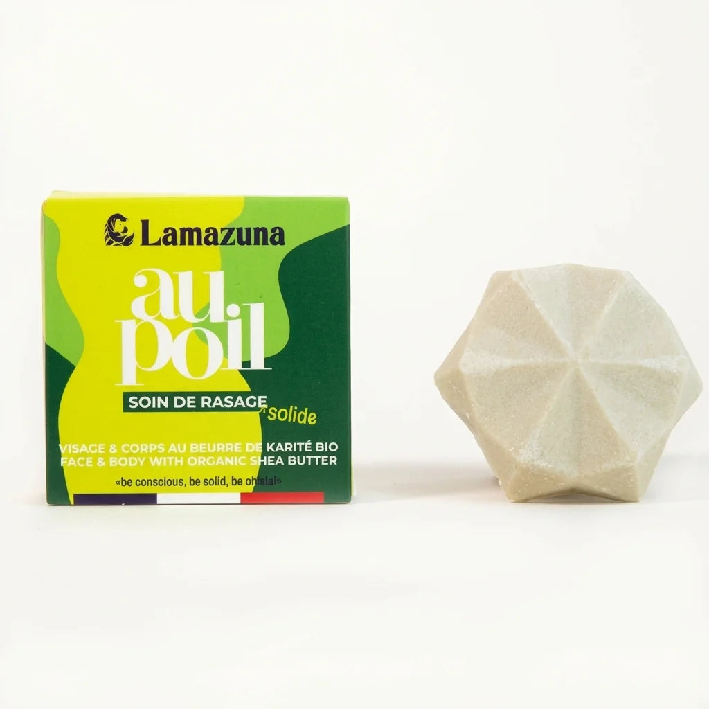 Crème à raser solide Au Poil Lamazuna avec son emballage vert et jaune