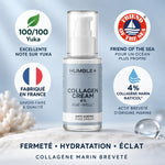 Crème anti-âge Humble+ 4% collagène marin 50ml, flacon verre avec pompe, certifications Yuka et fabrication France