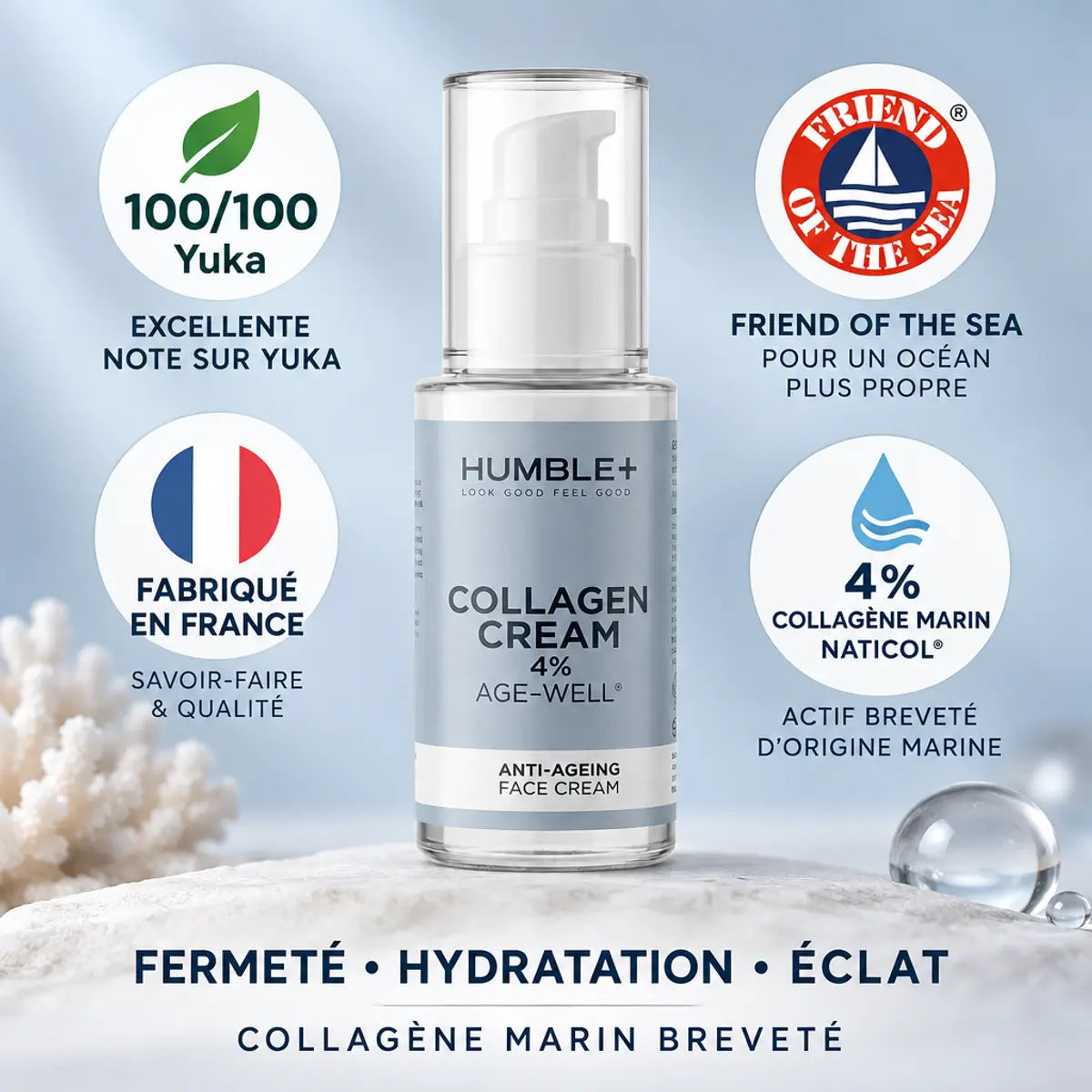 Crème anti-âge Humble+ 4% collagène marin 50ml, flacon verre avec pompe, certifications Yuka et fabrication France