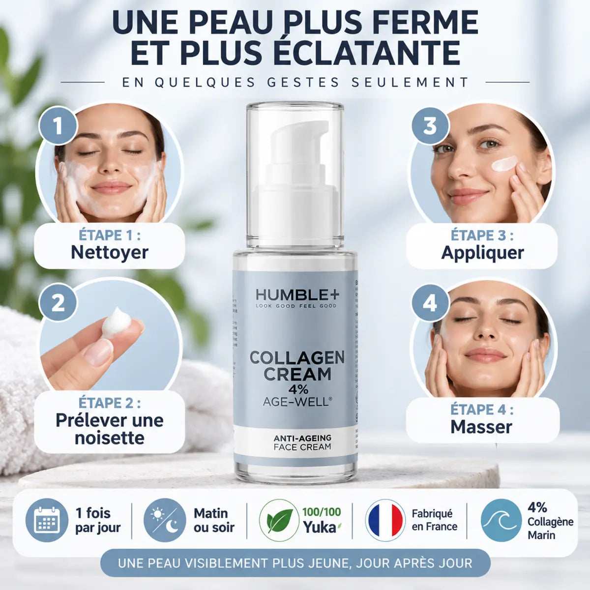 Crème anti-âge Humble+ 4% collagène marin 50ml avec guide d'application et certifications