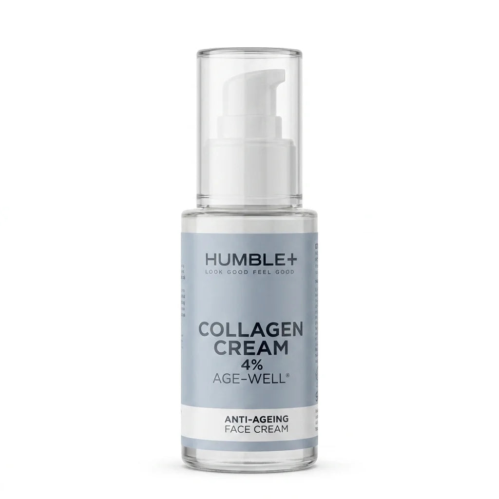 Crème anti-âge Humble+ collagène marin 4% flacon 50ml sur fond blanc