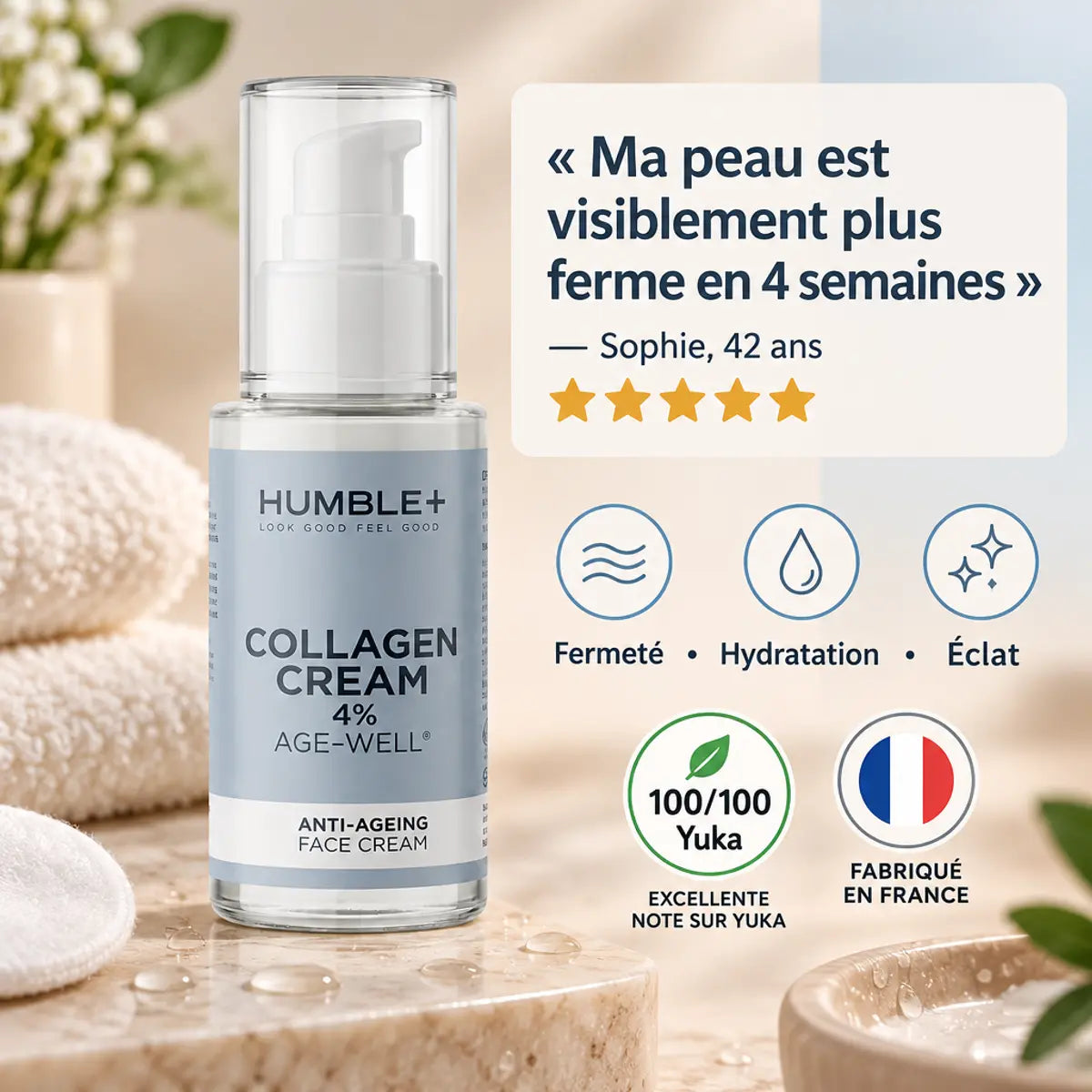 Crème anti-âge collagène marin Humble+ 50ml avec témoignage client et avis 5 étoiles