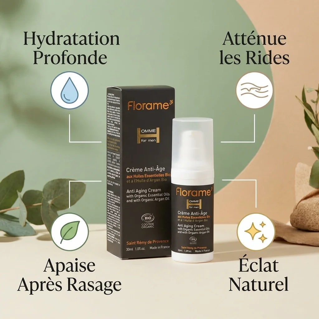 Crème anti-âge bio homme Florame 30ml avec bénéfices hydratation et anti-rides