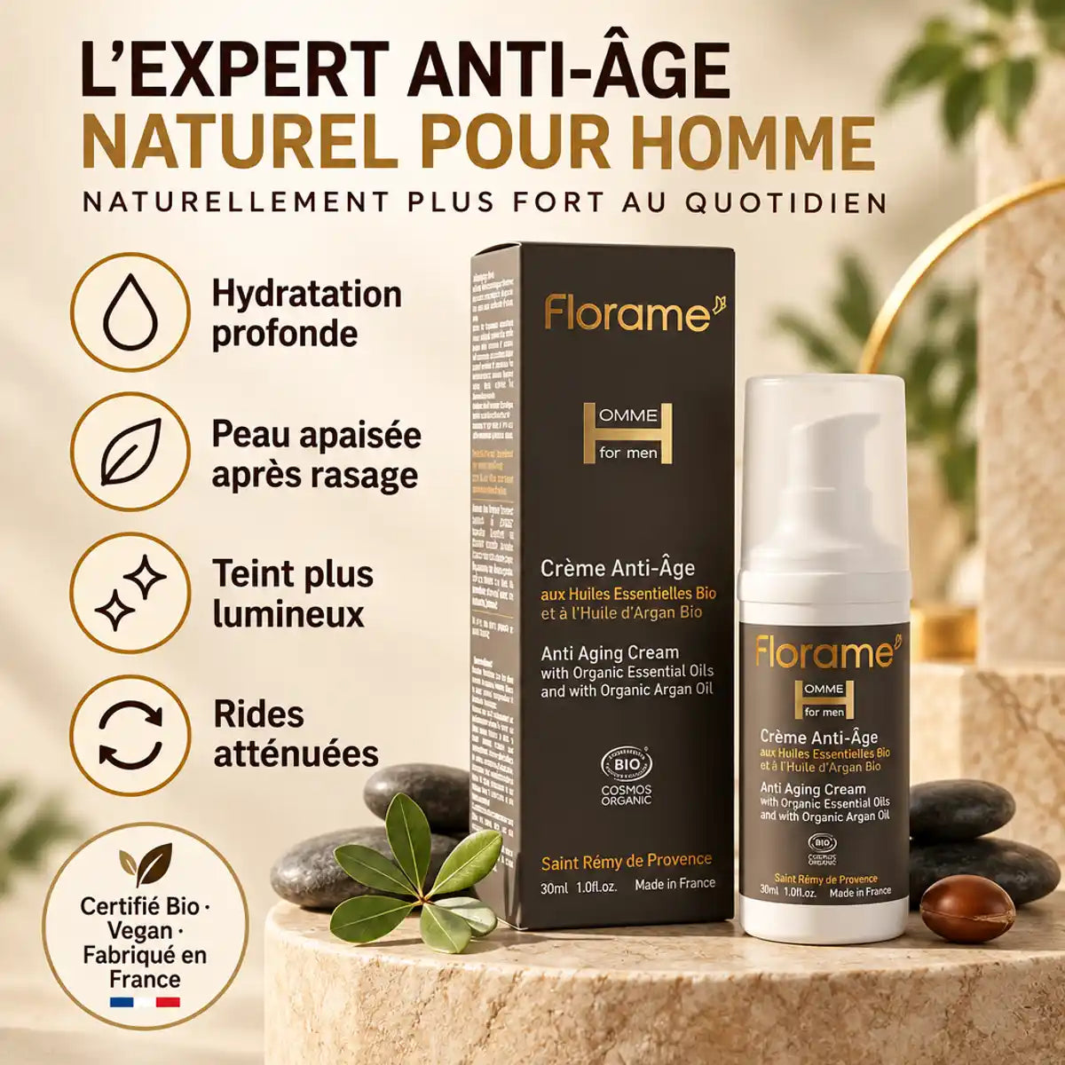 Crème anti-âge bio homme Florame 30 ml, flacon et emballage marron avec icônes hydratation, peau apaisée et rides atténuées