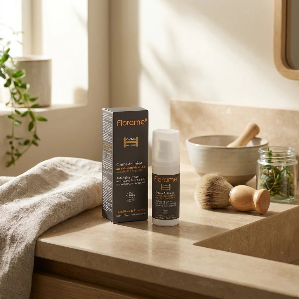 Crème anti-âge bio Florame 30ml sur vanité avec accessoires de rasage pour homme
