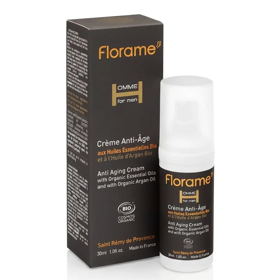 Crème anti-âge bio Florame Homme 30ml flacon pompe blanc packaging charcoal