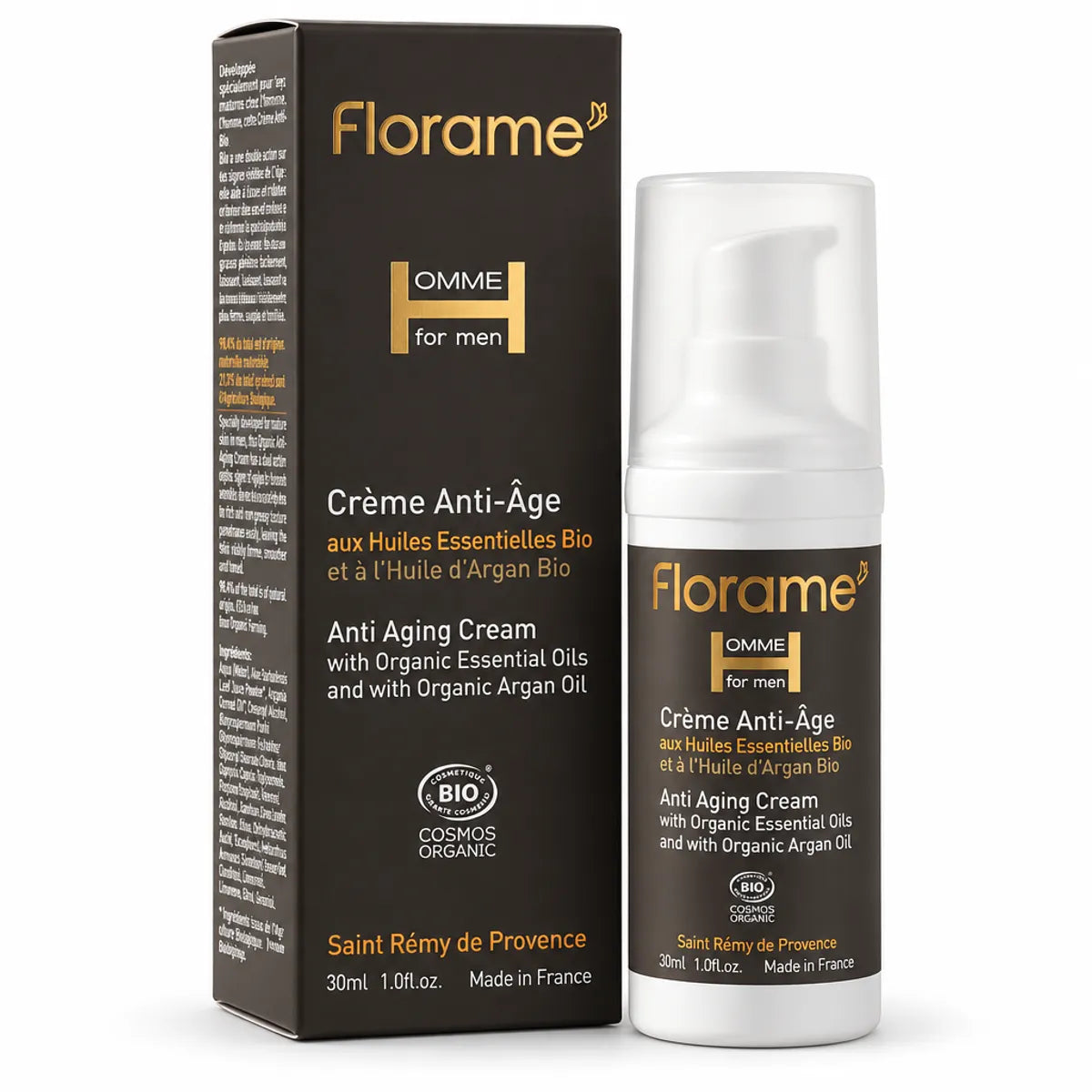 Crème anti-âge bio homme Florame 30 ml : flacon airless et carton brun doré sur fond blanc