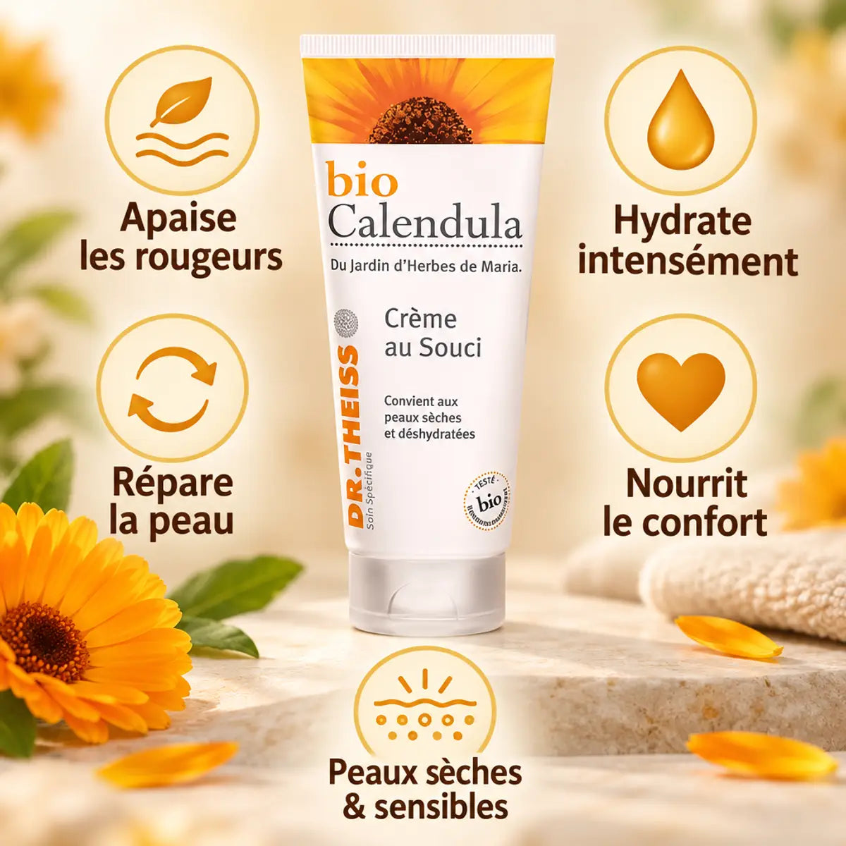 Crème bio Calendula Dr. Theiss 100ml avec bénéfices : apaise rougeurs, hydrate, répare peau sensible