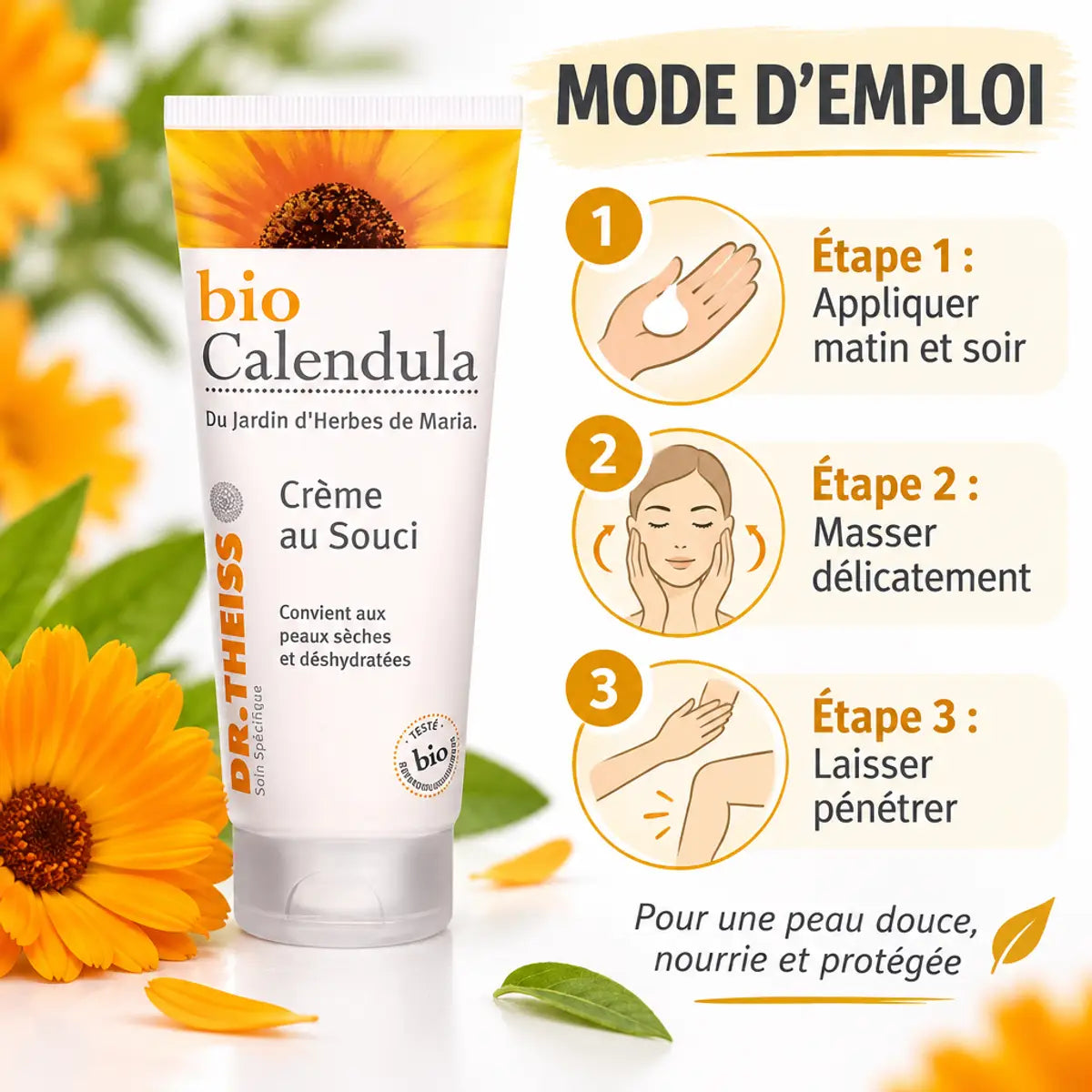 Crème Calendula Bio Dr. Theiss 100ml avec guide d'application matin et soir
