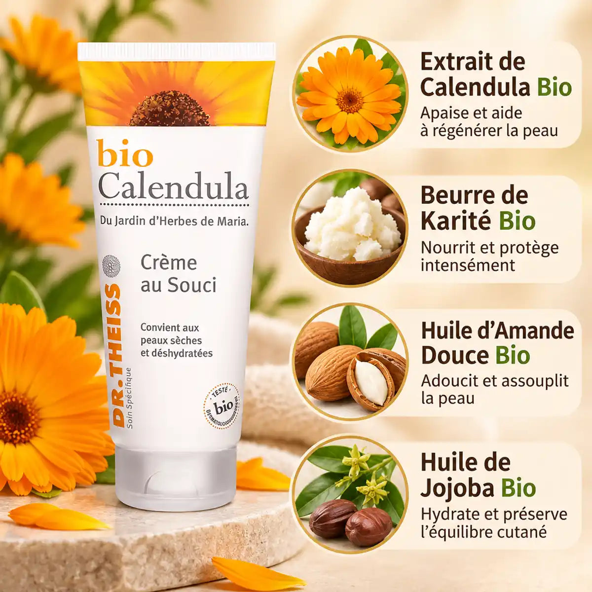 Crème Calendula Bio Dr. Theiss 100ml avec ingrédients naturels: calendula, karité, amande, jojoba