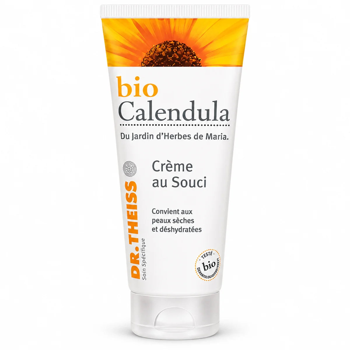 Crème au Souci Bio Calendula 100ml Dr. Theiss tube blanc et or sur fond blanc