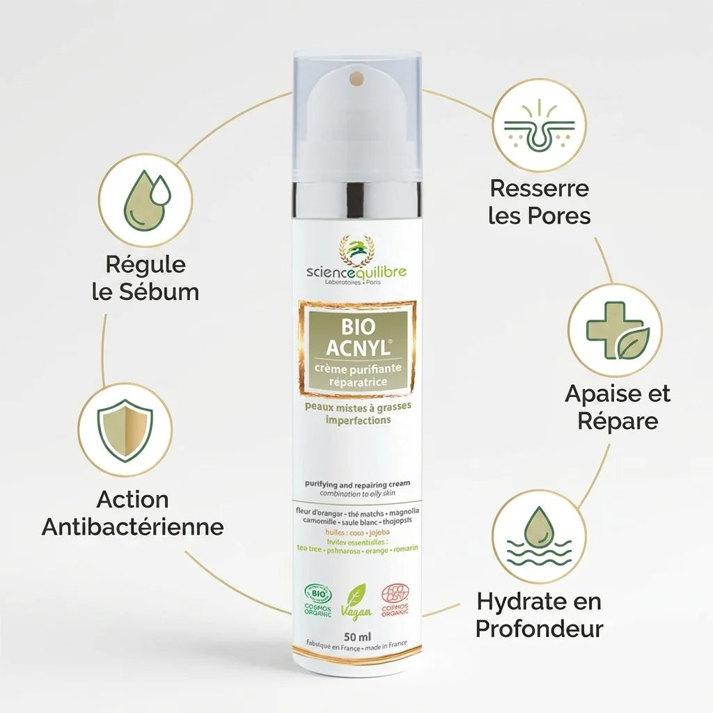 Crème Bio ACNYL 50ml avec 5 bénéfices : sébum, pores, réparation, hydratation, antibactérien