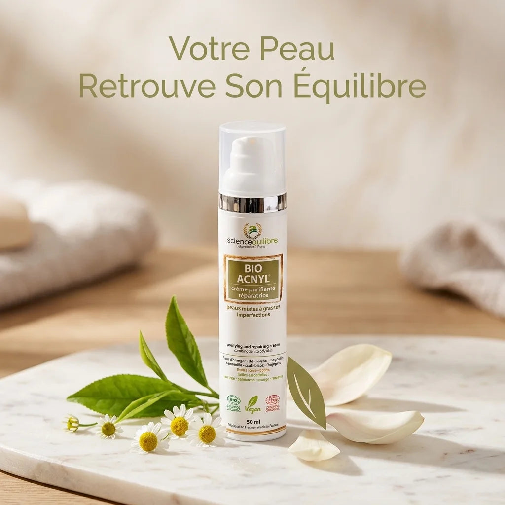 Crème BIO ACNYL 50ml Science et Équilibre avec éléments botaniques naturels sur fond wellness