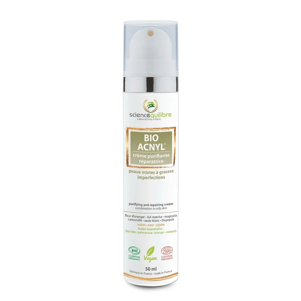 Crème Bio ACNYL 50ml Science et Équilibre en flacon pompe blanc avec certifications biologiques