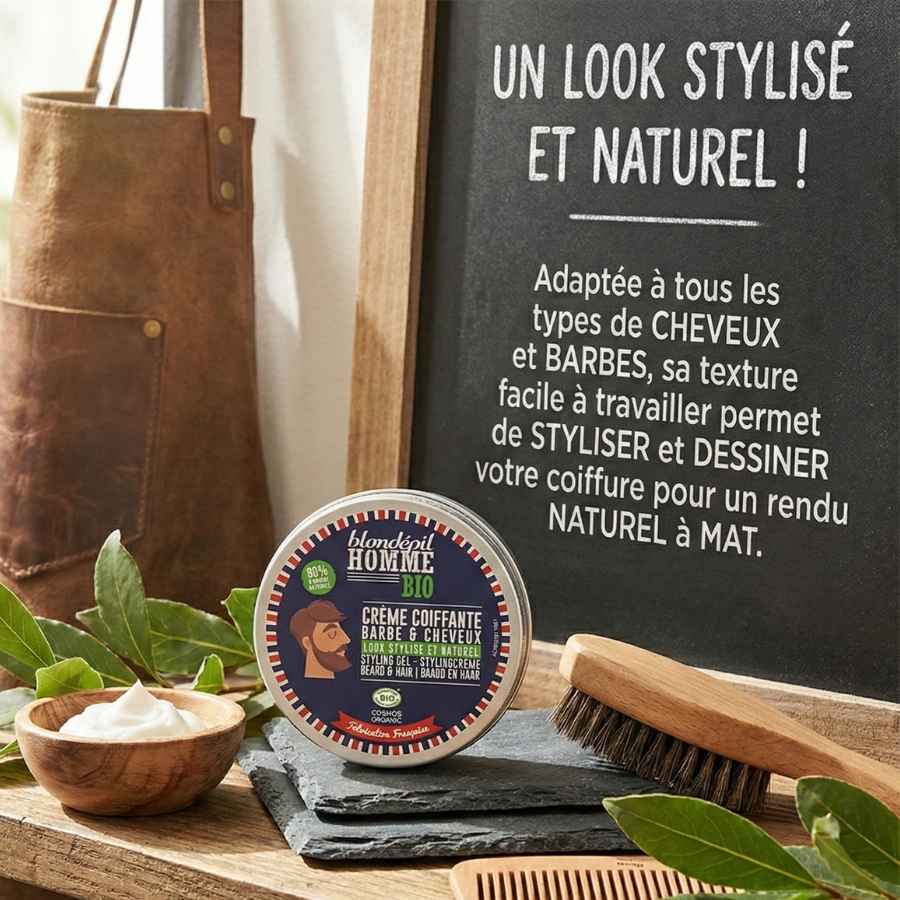 Crème coiffante barbe et cheveux de la marque blondépil. dans une ambiance naturelle et boisée