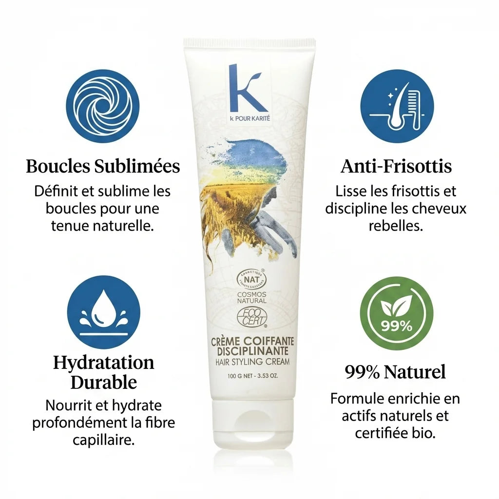 Crème coiffante K pour Karité 100g avec bénéfices : boucles sublimées, anti-frisottis, hydratation durable, 99% naturel
