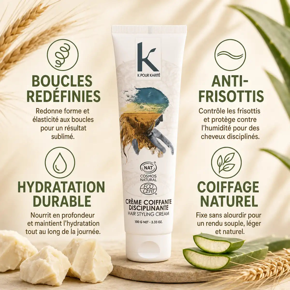 Crème Coiffante Disciplinante K pour Karité 100g - Boucles redéfinies et anti-frisottis