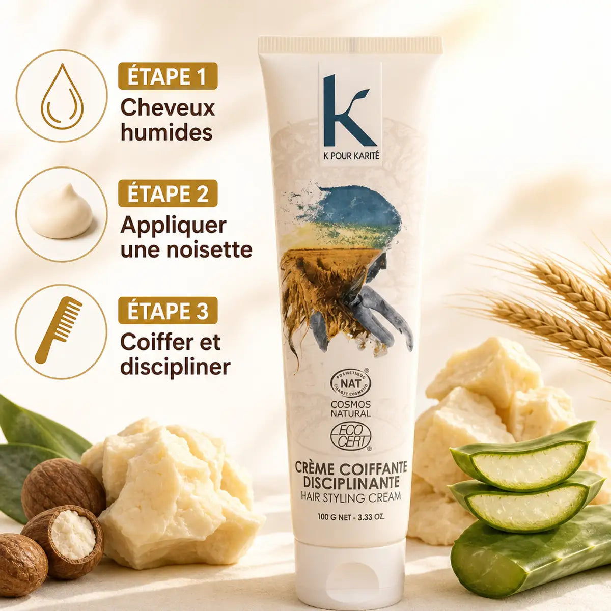 Crème Coiffante Disciplinante K pour Karité 100g avec mode d'emploi et ingrédients naturels