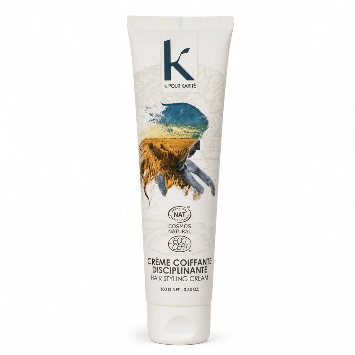 Crème coiffante disciplinante K pour Karité 100g tube blanc fond blanc