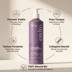 Crème corps raffermissante Endro 400mL avec infographie des 5 bénéfits fermeté, collagène et naturel bio