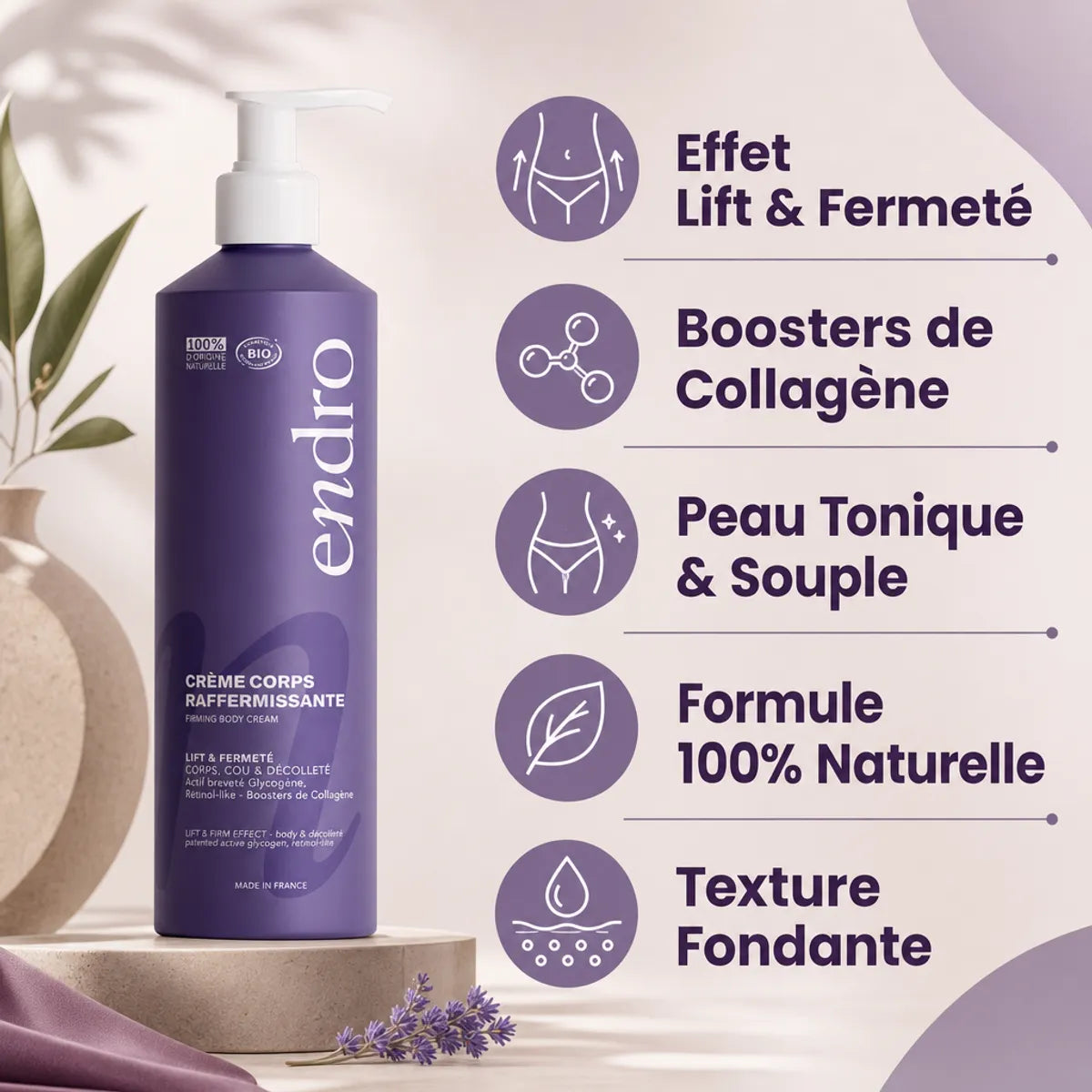 Crème corps raffermissante Endro 400mL avec pompe, effet lift et fermeté, formule naturelle