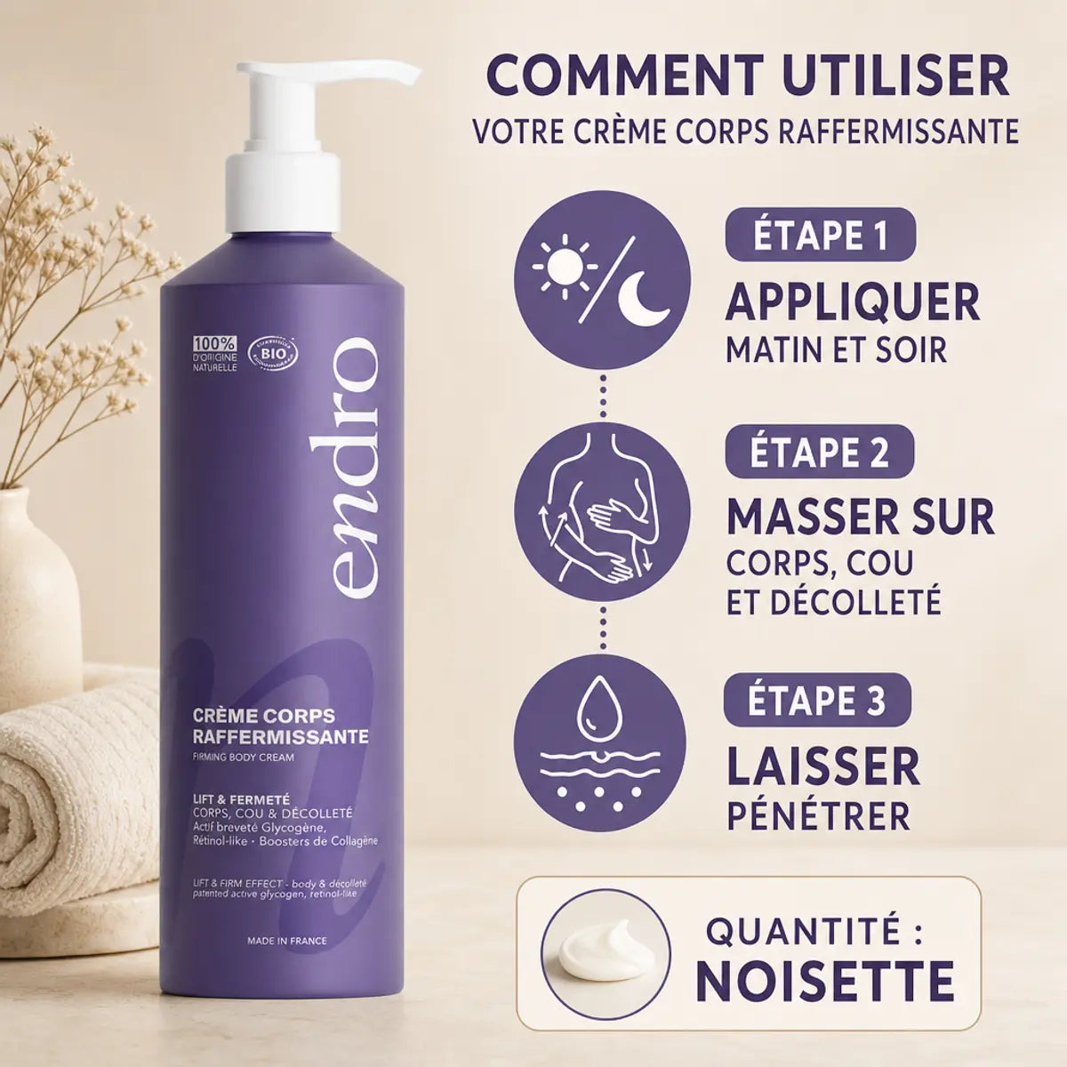 Crème corps raffermissante Endro 400mL avec guide d'application : matin et soir, masser cou et décolleté