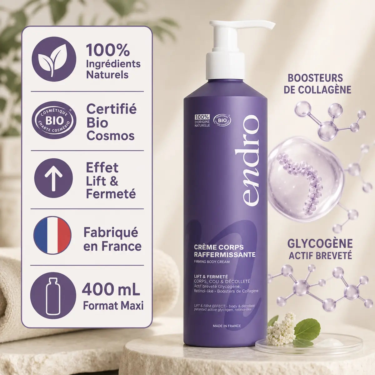 Crème corps raffermissante Endro 400mL avec infographie ingrédients naturels et certification bio