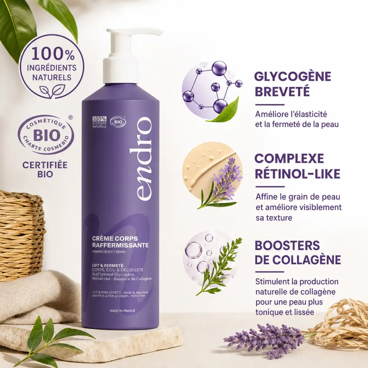 Crème corps raffermissante Endro 400mL avec ingrédients naturels et actifs anti-âge