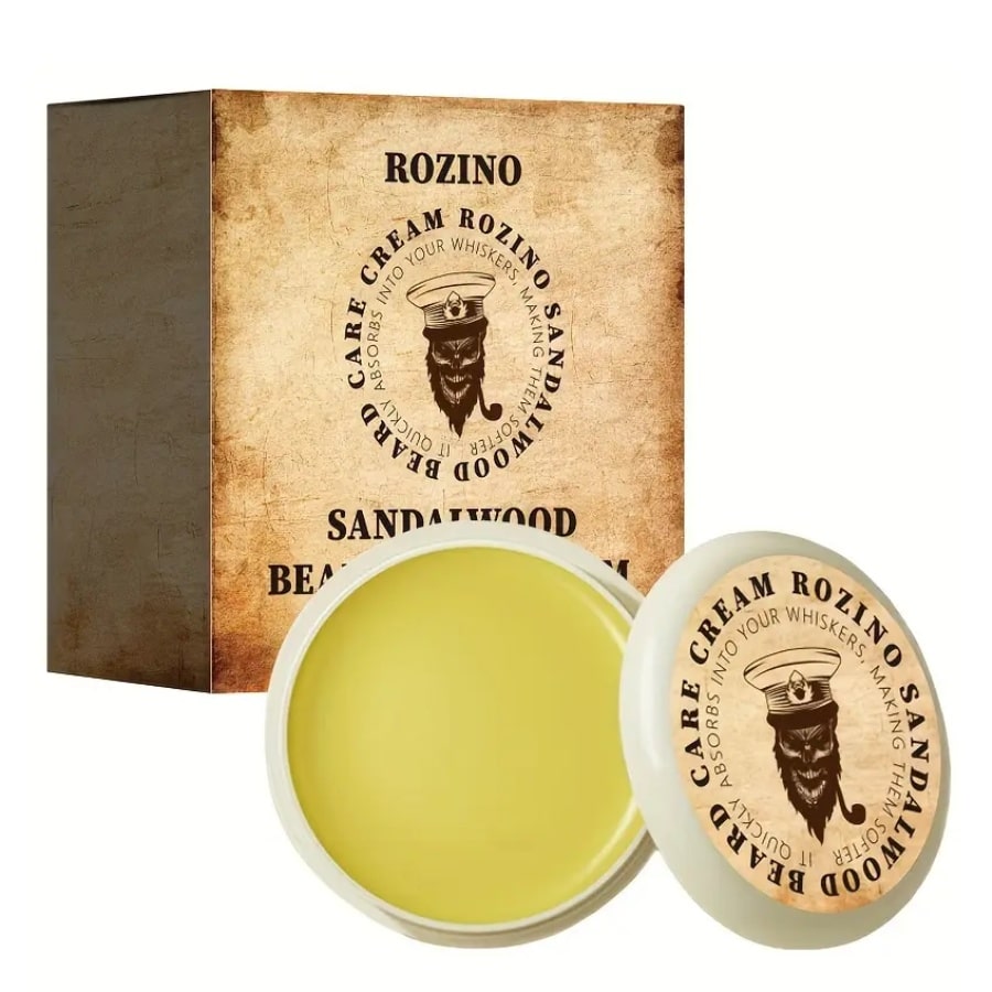 Un pot de Crème de Barbe pour Homme au Bois de Santal avec son emballage