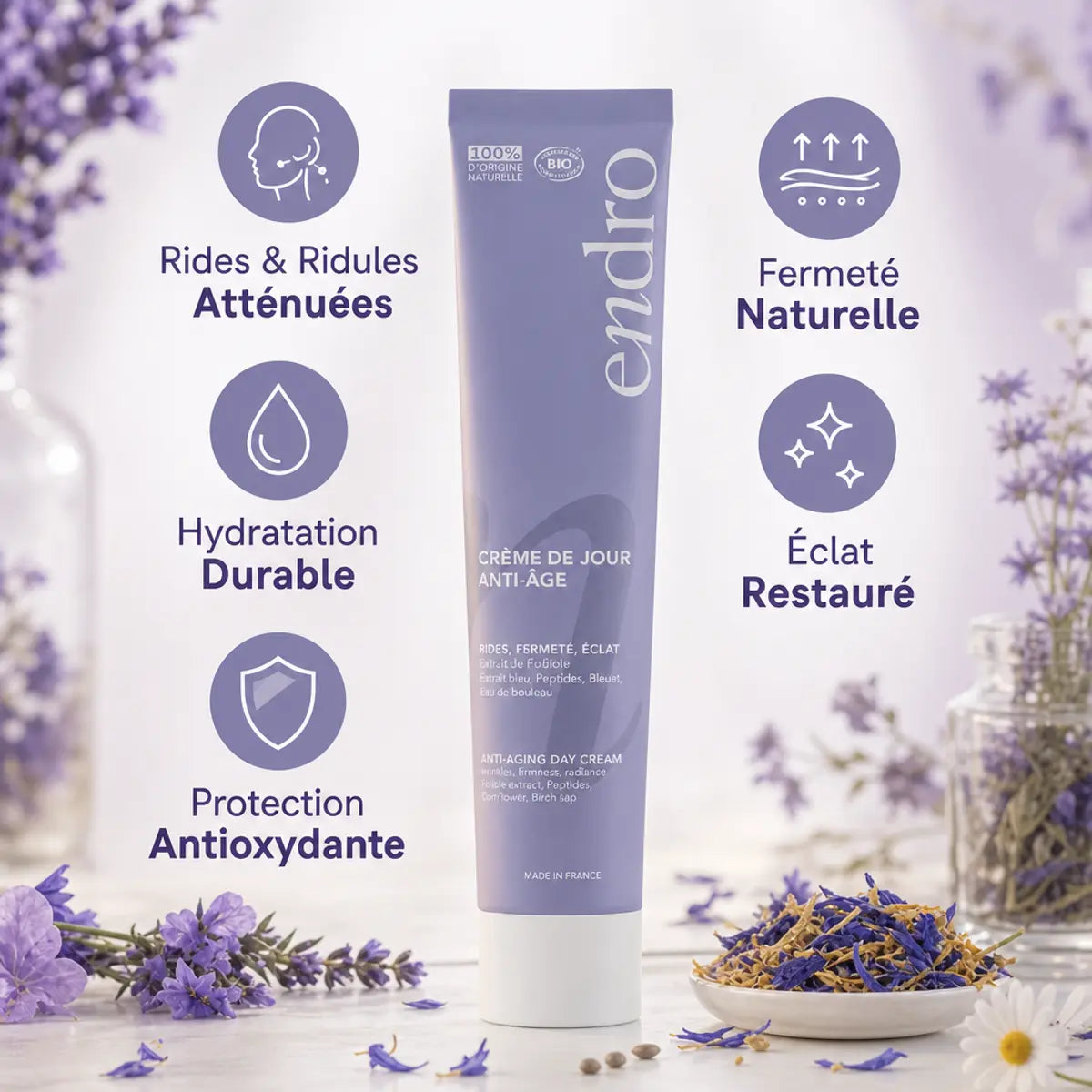 Crème jour anti-âge Endro 50ml avec bénéfices : rides atténuées, fermeté, hydratation, éclat, protection