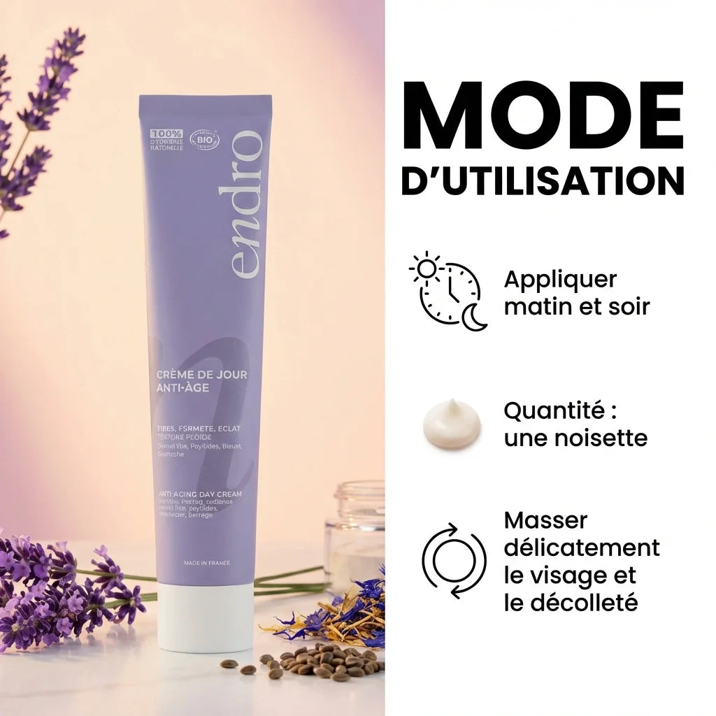 Crème de jour Anti-âge Endro 50ml avec mode d'utilisation et ingrédients naturels lavande