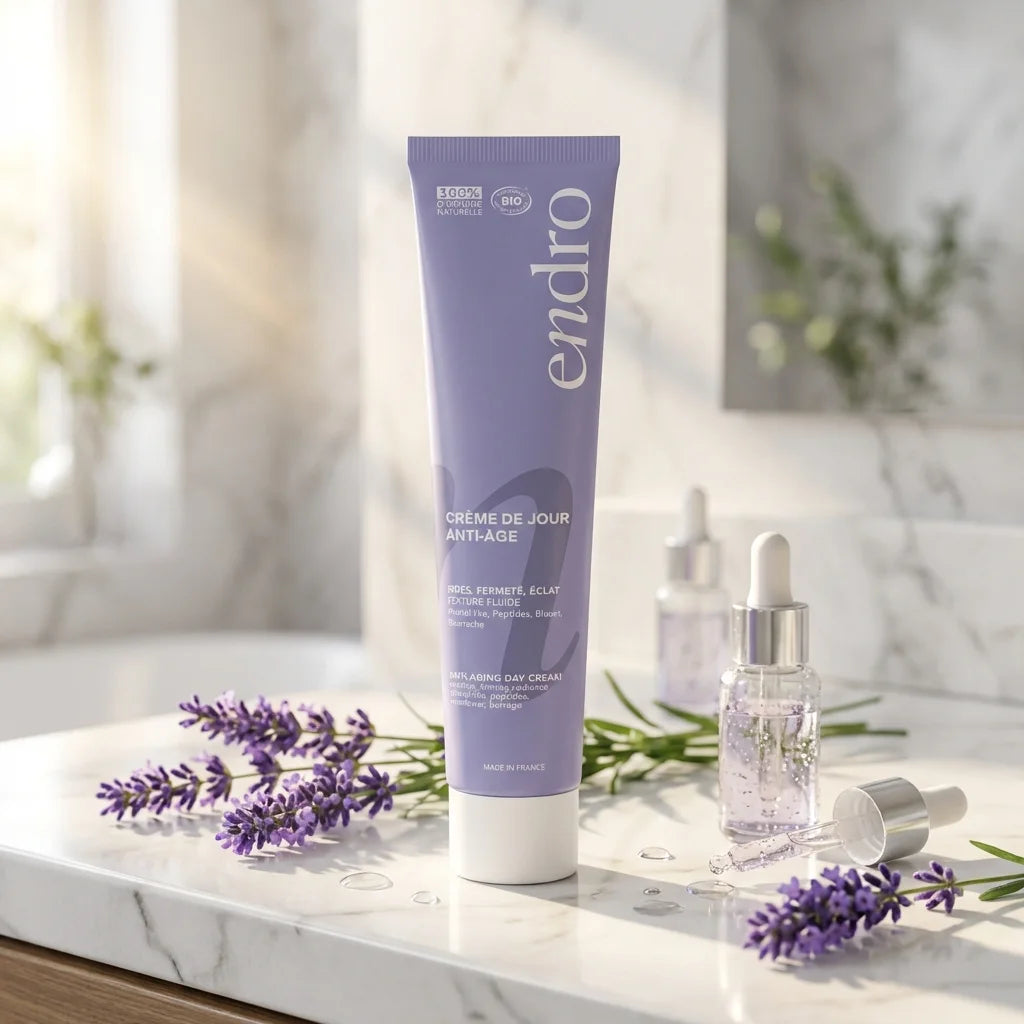 Crème de jour Anti-âge Endro 50ml tube lavande sur vanité marbre avec lavande fraîche