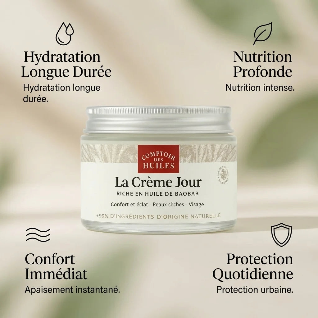 Crème de jour Bio 50ml Comptoir des Huiles - Hydratation peaux sèches avec bénéfices naturels