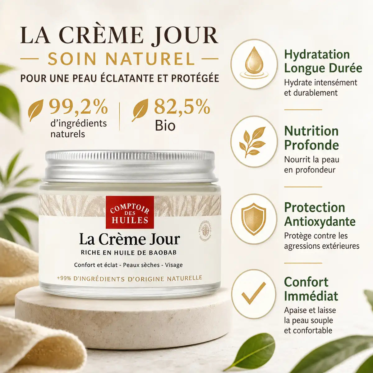 Crème de jour bio peaux sèches 50ml Comptoir des Huiles avec bénéfices hydratation nutrition protection