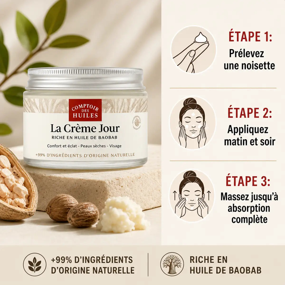 Crème de jour bio peaux sèches Comptoir des Huiles avec guide d'application en 3 étapes