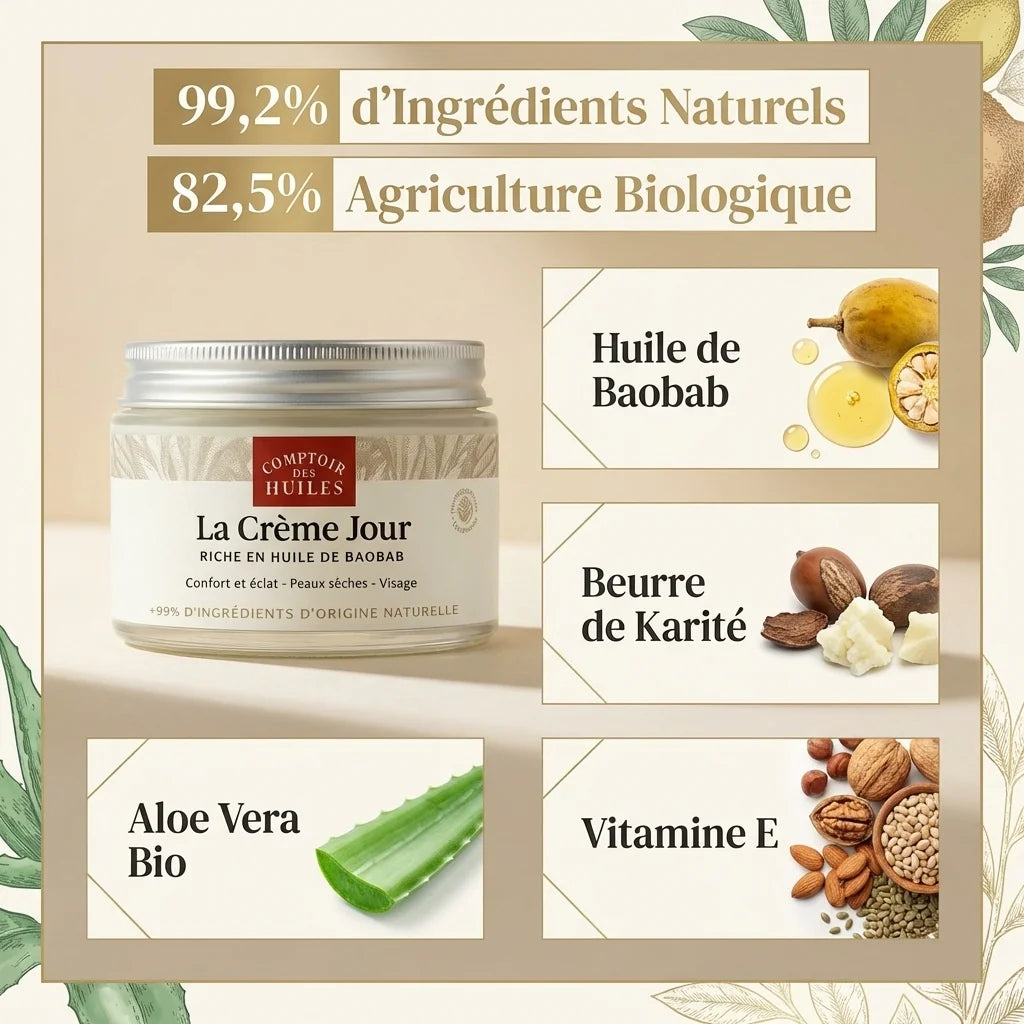 Crème jour bio Comptoir des Huiles avec ingrédients naturels baobab karité aloe vera vitamine E