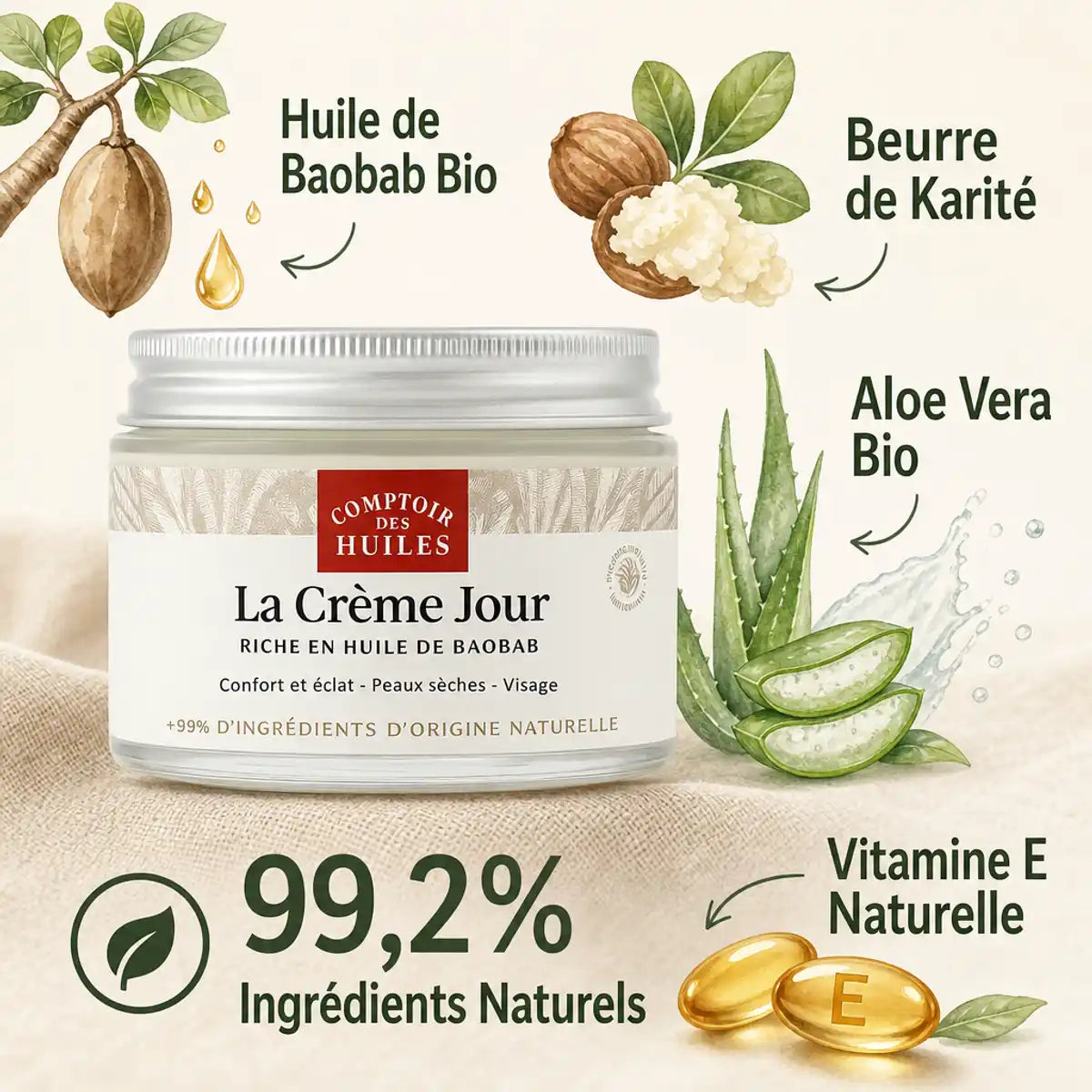 Crème de jour bio 50ml Comptoir des Huiles avec ingrédients naturels baobab karité aloe vera