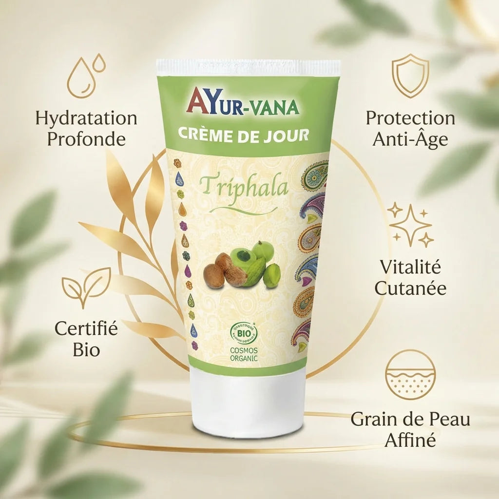 Crème de jour Triphala AyurVana 75ml avec infographie des bénéfices hydratation et anti-âge