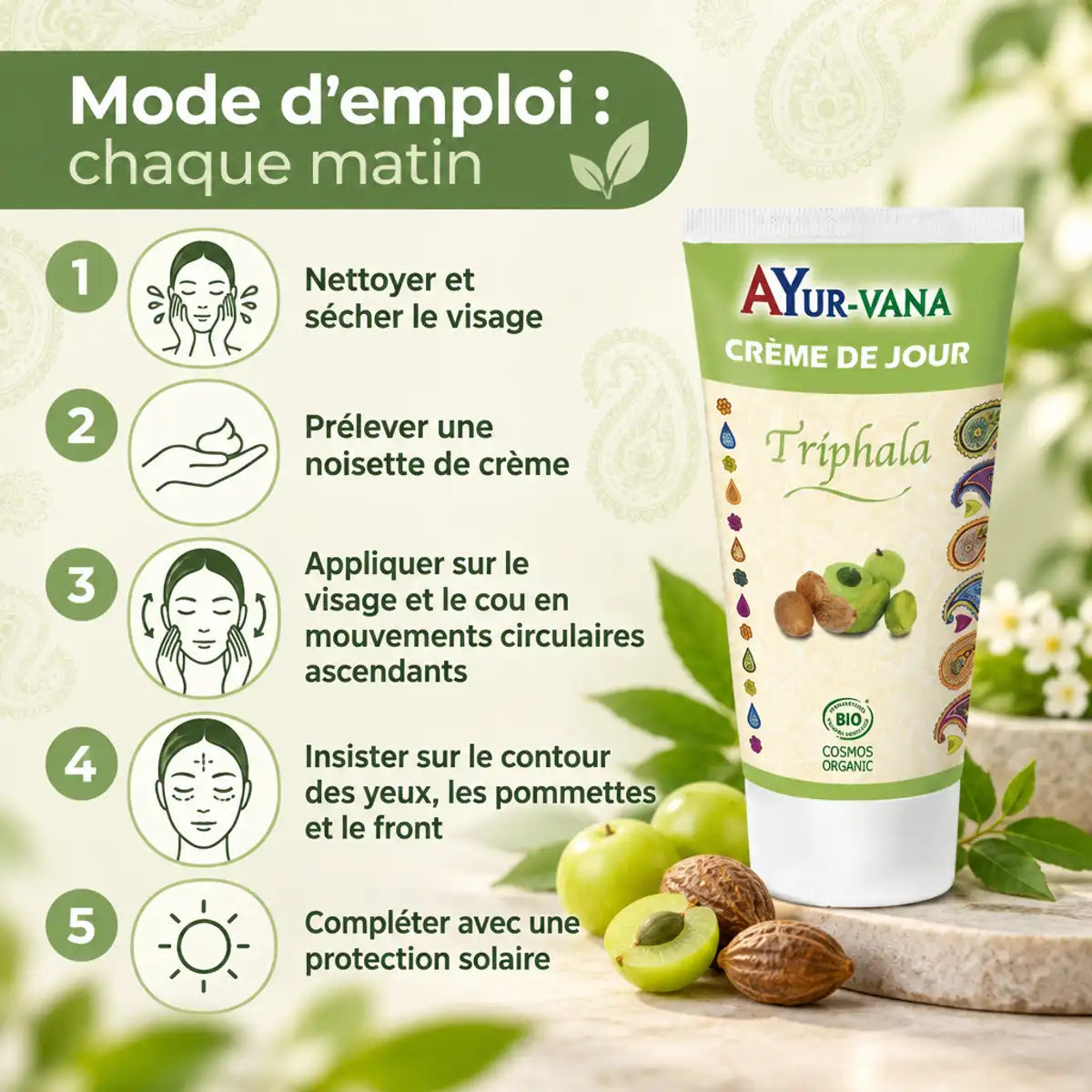 Crème de jour visage au Triphala AyurVana 75 ml, avec amla et haritaki, et mode d'emploi en 5 étapes chaque matin