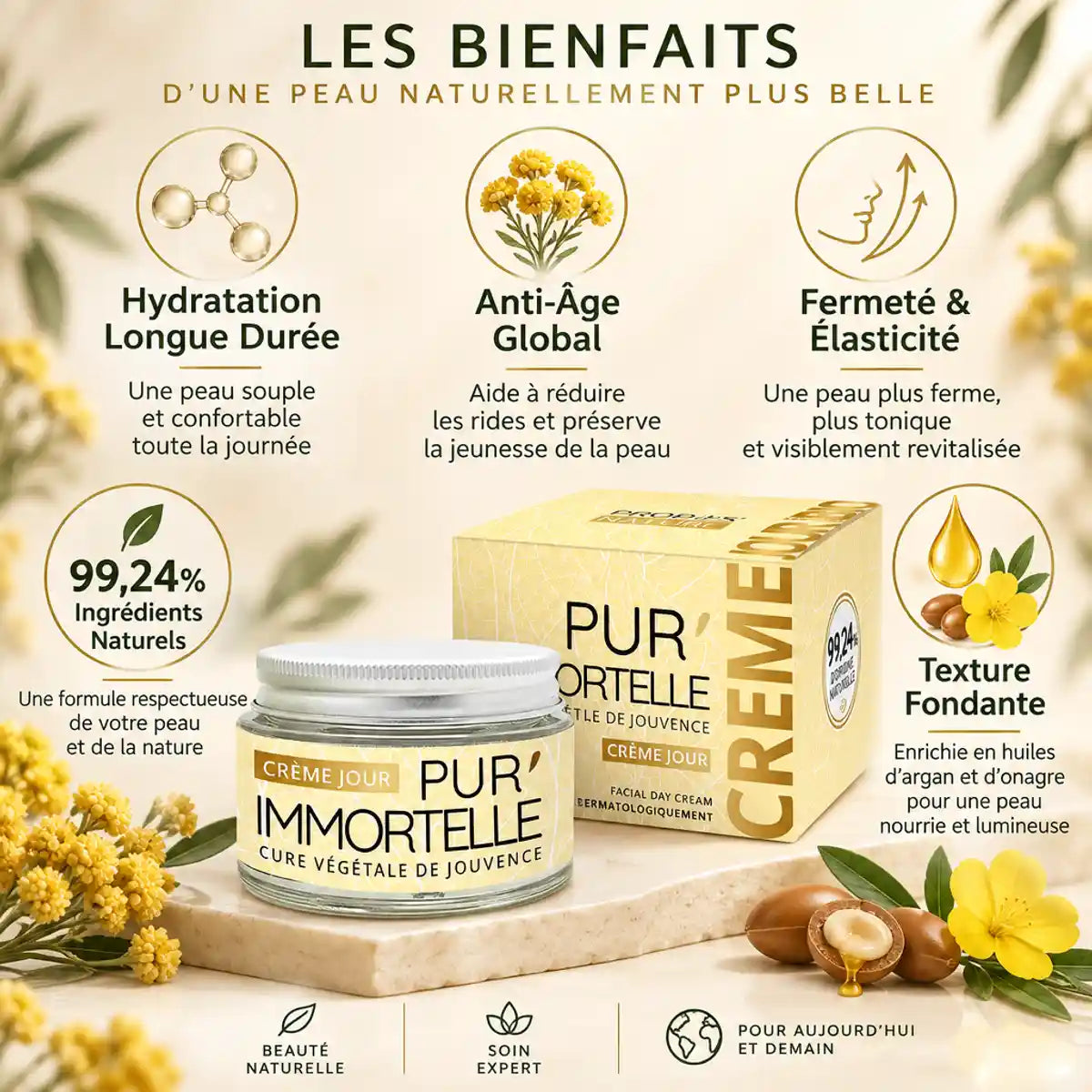 Crème de jour bio Pur'Immortelle 50ml avec ses 5 bénéfices : hydratation, anti-âge, fermeté naturelle